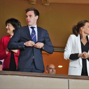 La princesse Stéphanie de Monaco a assisté avec son fils Louis Ducruet et son frère le prince Albert II de Monaco au match de Ligue 1 entre l'AS Monaco et l'AS Saint-Etienne le 12 mai 2018 au stade Louis-II, qui a vu les Monégasques s'imposer 1 à 0 grâce à un but dans les arrêts de jeu. © Bruno Bebert/Bestimage