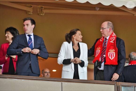 La princesse Stéphanie de Monaco a assisté avec son fils Louis Ducruet et son frère le prince Albert II de Monaco au match de Ligue 1 entre l'AS Monaco et l'AS Saint-Etienne le 12 mai 2018 au stade Louis-II, qui a vu les Monégasques s'imposer 1 à 0 grâce à un but dans les arrêts de jeu. © Bruno Bebert/Bestimage
