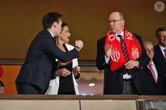 La princesse Stéphanie de Monaco a assisté avec son fils Louis Ducruet et son frère le prince Albert II de Monaco au match de Ligue 1 entre l'AS Monaco et l'AS Saint-Etienne le 12 mai 2018 au stade Louis-II, qui a vu les Monégasques s'imposer 1 à 0 grâce à un but dans les arrêts de jeu. © Bruno Bebert/Bestimage