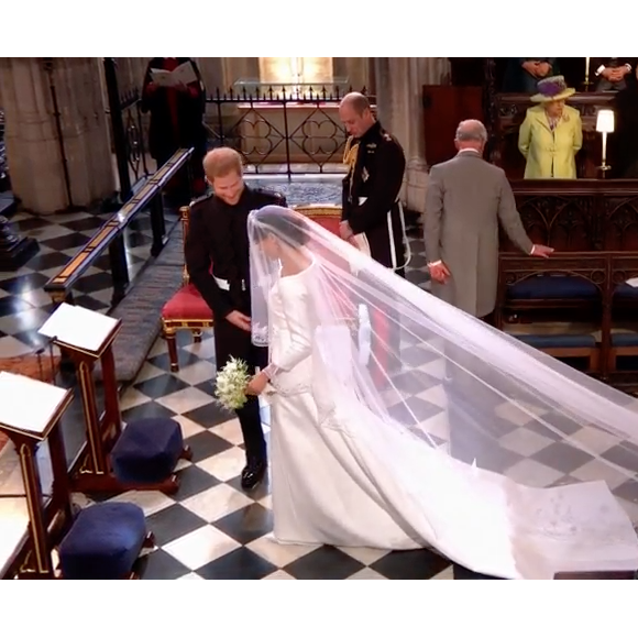 Meghan Markle est apparue dans sa robe signée Clare Waight Keller pour Givenchy le 19 mai 2018 à Windsor pour son mariage avec le prince Harry.