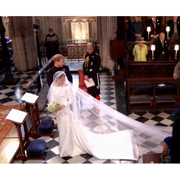 Meghan Markle est apparue dans sa robe signée Clare Waight Keller pour Givenchy le 19 mai 2018 à Windsor pour son mariage avec le prince Harry.