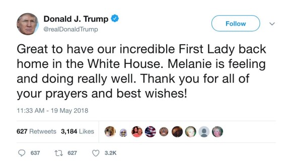 Le tweet malheureux de Donald Trump pour le retour de Melania à la Maison Blanche, samedi 19 mai 2018.