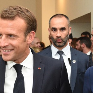 Le président de la République française Emmanuel Macron et sa femme la Première Dame Brigitte Macron (Trogneux) lors de l'inauguration de l'exposition Israel@Lights à Paris, France, le 5 juin 2018. © Erez Lichtfeld/Bestimage