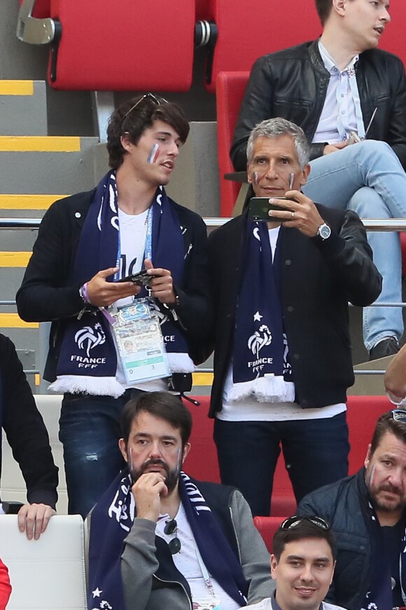 Nagui, Jean-François Piège et Bruno Guillon - Célébrités dans les tribunes lors du match de coupe de monde de la France contre l'Australie au stade Kazan Arena à Kazan, Russie, le 16 juin 2018.