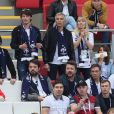 Le chanteur Vianney (Vianney Bureau), Nagui, sa femme Mélanie Page, Jean-François Piège, Bruno Guillon - Célébrités dans les tribunes lors du match de coupe de monde de la France contre l'Australie au stade Kazan Arena à Kazan, Russie, le 16 juin 2018.