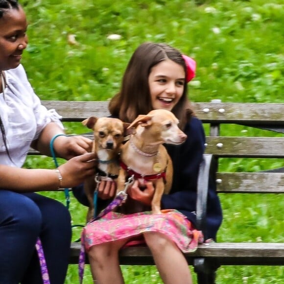 Suri Cruise, une attelle à la cheville, joue avec ses chiens dans un parc à New York, le 23 juin 2018.