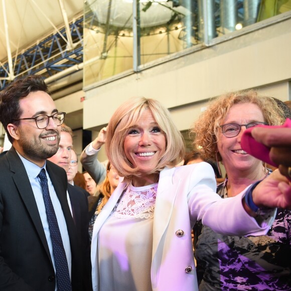 Mounir Mahjoubi, secrétaire d'Etat, chargé du Numérique, la Première Dame Brigitte Macron (Trogneux) et Muriel Pénicaud, ministre du Travail - La Première Dame française assiste au lancement de la fondation Femmes@Numérique pour rééquilibrer la répartition hommes-femmes dans les entreprises des nouvelles technologies à la cité des sciences et de l'industrie à Paris, France, le 27 juin 2018. La Première Dame est venue à la réception et a rencontré plusieurs associations dont elle a salué les "belles initiatives". © Giancarlo Gorassini/Bestimage