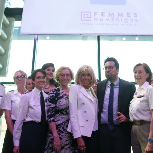 Muriel Pénicaud, ministre du Travail, Mounir Mahjoubi, secrétaire d'Etat, chargé du Numérique et la Première Dame Brigitte Macron (Trogneux) - La Première Dame française assiste au lancement de la fondation Femmes@Numérique pour rééquilibrer la répartition hommes-femmes dans les entreprises des nouvelles technologies à la cité des sciences et de l'industrie à Paris, France, le 27 juin 2018. La Première Dame est venue à la réception et a rencontré plusieurs associations dont elle a salué les "belles initiatives". © Giancarlo Gorassini/Bestimage