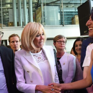 Muriel Pénicaud, ministre du Travail, Mounir Mahjoubi, secrétaire d'Etat, chargé du Numérique et la Première Dame Brigitte Macron (Trogneux) - La Première Dame française assiste au lancement de la fondation Femmes@Numérique pour rééquilibrer la répartition hommes-femmes dans les entreprises des nouvelles technologies à la cité des sciences et de l'industrie à Paris, France, le 27 juin 2018. La Première Dame est venue à la réception et a rencontré plusieurs associations dont elle a salué les "belles initiatives". © Giancarlo Gorassini/Bestimage