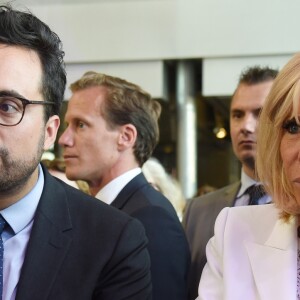 Mounir Mahjoubi, secrétaire d'Etat, chargé du Numérique et la Première Dame Brigitte Macron (Trogneux) - La Première Dame française assiste au lancement de la fondation Femmes@Numérique pour rééquilibrer la répartition hommes-femmes dans les entreprises des nouvelles technologies à la cité des sciences et de l'industrie à Paris, France, le 27 juin 2018. La Première Dame est venue à la réception et a rencontré plusieurs associations dont elle a salué les "belles initiatives". © Giancarlo Gorassini/Bestimage