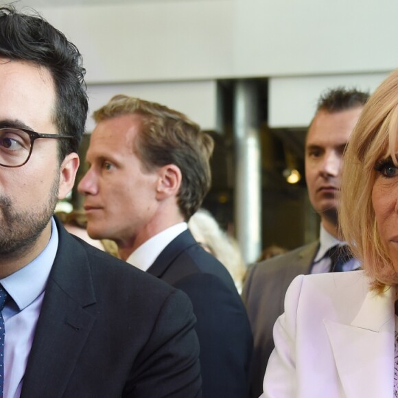 Mounir Mahjoubi, secrétaire d'Etat, chargé du Numérique et la Première Dame Brigitte Macron (Trogneux) - La Première Dame française assiste au lancement de la fondation Femmes@Numérique pour rééquilibrer la répartition hommes-femmes dans les entreprises des nouvelles technologies à la cité des sciences et de l'industrie à Paris, France, le 27 juin 2018. La Première Dame est venue à la réception et a rencontré plusieurs associations dont elle a salué les "belles initiatives". © Giancarlo Gorassini/Bestimage