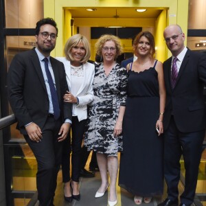 Mounir Mahjoubi, secrétaire d'Etat, chargé du Numérique, la Première Dame Brigitte Macron (Trogneux), Muriel Pénicaud, ministre du Travail, Marlène Schiappa, secrétaire d'Etat, chargée de l'Egalité des femmes et des hommes et Jean-Michel Blanquer, ministre de l'Education Nationale - La Première Dame française assiste au lancement de la fondation Femmes@Numérique pour rééquilibrer la répartition hommes-femmes dans les entreprises des nouvelles technologies à la cité des sciences et de l'industrie à Paris, France, le 27 juin 2018. La Première Dame est venue à la réception et a rencontré plusieurs associations dont elle a salué les "belles initiatives". © Giancarlo Gorassini/Bestimage