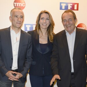 Gilles Bouleau, Anne-Claire Coudray et Jean-Pierre Pernaut - Conférence de presse de TF1 pour le lancement de l'Euro 2016 à Paris le 17 mai 2016. © Coadic Guirec/Bestimage