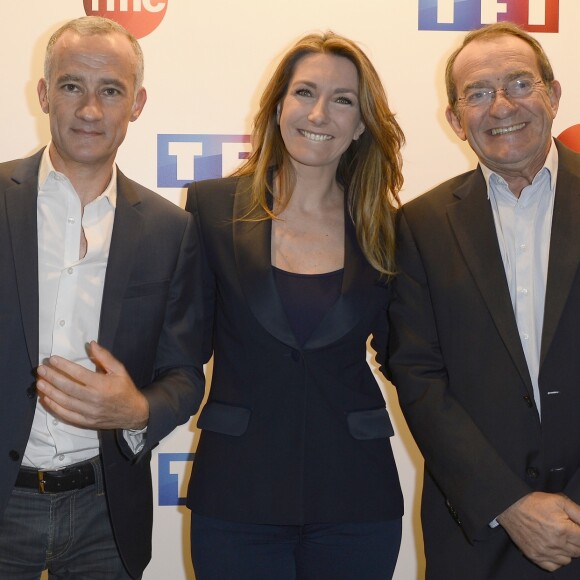 Gilles Bouleau, Anne-Claire Coudray et Jean-Pierre Pernaut - Conférence de presse de TF1 pour le lancement de l'Euro 2016 à Paris le 17 mai 2016. © Coadic Guirec/Bestimage