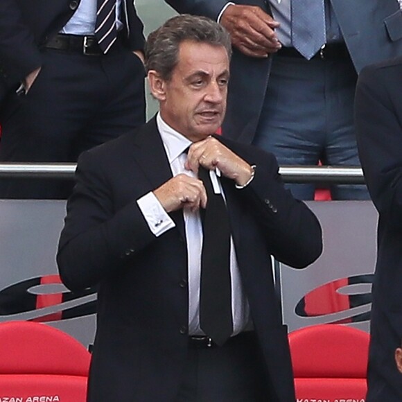 Nicolas Sarkozy, Jean-Michel Aulas, le président de la Fédération Francaise de Football (FFF) Noël Le Graët et Laura Flessel-Colovic, ministre des Sports - Célébrités dans les tribunes lors du match de coupe de monde de la France contre l'Australie au stade Kazan Arena à Kazan, Russie, le 16 juin 2018.