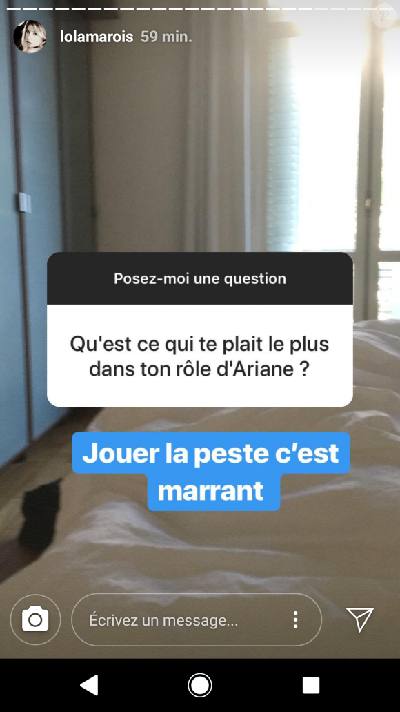 Lola Marois s'exprime sur Ariane, le personnage qu'elle incarne dans "Plus belle la vie" (France 3), sur Instagram le 11 juillet 2018.