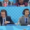 Les commentateurs Bixente Lizarazu et Grégoire Margotton lors de la 8ème de finale du match de coupe du monde opposant l'Angleterre à la Colombie au stade Spartak à Moscow, Russie, le 3 juillet 2018. L'Angleterre a gagné le match 4-3 aux tirs au but après un match nul 1-1. © Cyril Moreau/Bestimage