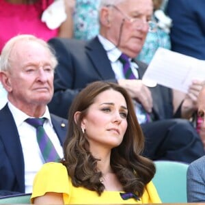 La duchesse Catherine de Cambridge (Kate Middleton) et le prince William assistaient le 15 juillet 2018 à la finale du tournoi de Wimbledon, à Londres.