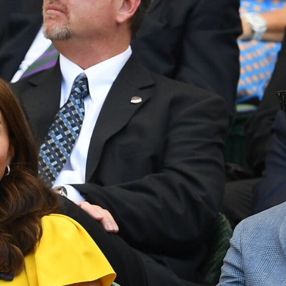 La duchesse Catherine de Cambridge (Kate Middleton) et le prince William assistaient le 15 juillet 2018 à la finale du tournoi de Wimbledon, à Londres.