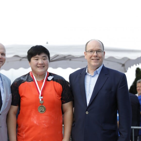 Gregor Bencina, pdg d'EBS Group, la chinoise Lijiao Gong qui a remporté le concours de poids féminin, le prince Albert II de Monaco - Lancé du poids en ouverture du 31ème meeting d'athlétisme Herculis organisé sur le Port Hercule de la Principauté à Monaco le 19 juillet 2018. La compétion aura lieu au stade Louis II le 20 juillet. © Claudia Albuquerque/Bestimage