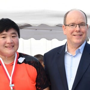 Gregor Bencina, pdg d'EBS Group, la chinoise Lijiao Gong qui a remporté le concours de poids féminin, le prince Albert II de Monaco - Lancé du poids en ouverture du 31ème meeting d'athlétisme Herculis organisé sur le Port Hercule de la Principauté à Monaco le 19 juillet 2018. La compétion aura lieu au stade Louis II le 20 juillet. © Bruno Bebert/Bestimage