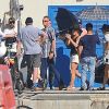 Jennifer Aniston, Adam Sandler et Luke Evans sur le tournage de "Murder Mystery" à Santa Margherita Ligure en Italie, le 24 juillet 2018.