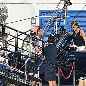 Jennifer Aniston, Adam Sandler et Luke Evans sur le tournage de "Murder Mystery" à Santa Margherita Ligure en Italie, le 24 juillet 2018.