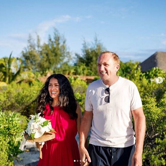 Salma Hayek et François-Henri Pinault ont renouvelé leurs voeux de mariage à Tahiti. Le 10 août 2018.