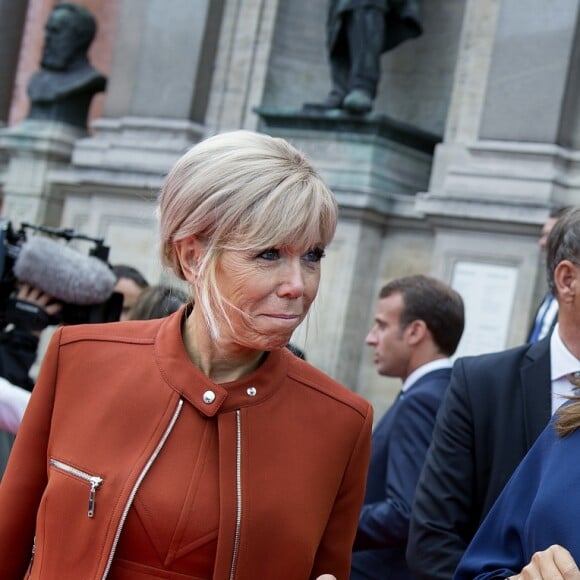 La princesse Mary, le prince Frederik de Danemark, le président Emmanuel Macron et son épouse Brigitte Macron quittent le musée Ny Carlsberg Glyptotek de Copenhague, le 29 août 2018.