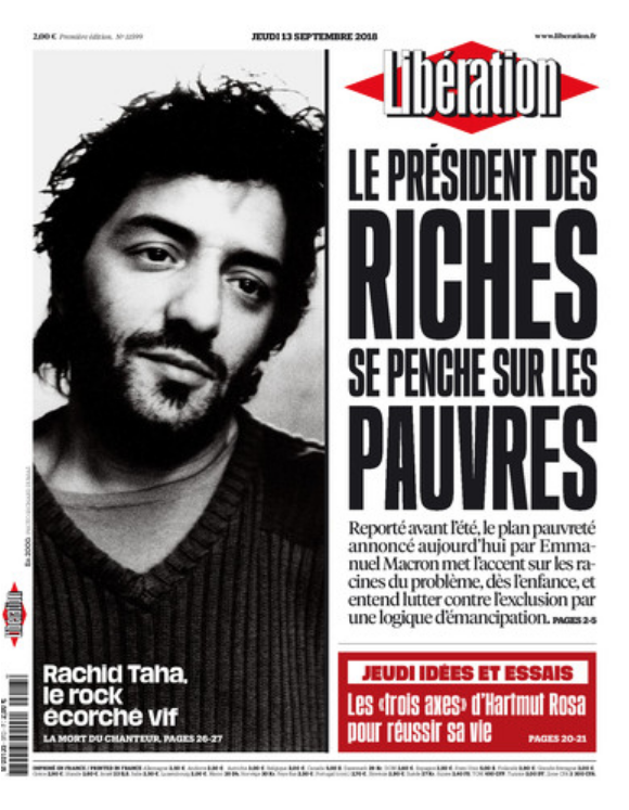 Rachid Taha en couverture de Libération, le 13 septembre 2018.