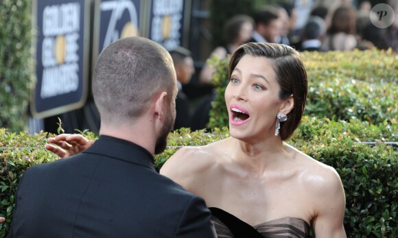 Justin Timberlake et sa femme Jessica Biel sur le tapis rouge de la 75ème cérémonie des Golden Globe Awards au Beverly Hilton à Los Angeles, le 7 janvier 2018.