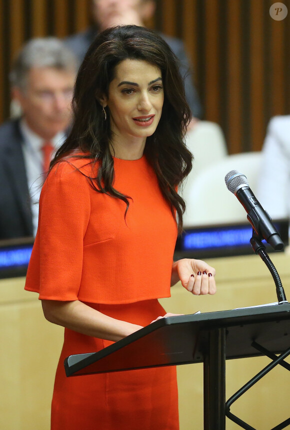 Amal Clooney lors d'un discours aux Nations Unies sur le thème de la justice et de la démocratie à New York le 28 septembre 2018. © Morgan Dessalles / Bestimage