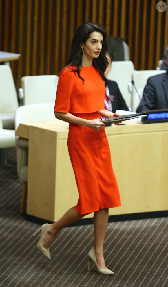 Amal Clooney lors d'un discours aux Nations Unies sur le thème de la justice et de la démocratie à New York le 28 septembre 2018. © Morgan Dessalles / Bestimage