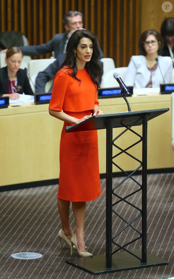 Amal Clooney lors d'un discours aux Nations Unies sur le thème de la justice et de la démocratie à New York le 28 septembre 2018. © Morgan Dessalles / Bestimage