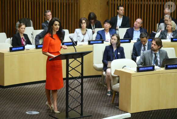 Amal Clooney lors d'un discours aux Nations Unies sur le thème de la justice et de la démocratie à New York le 28 septembre 2018. © Morgan Dessalles / Bestimage