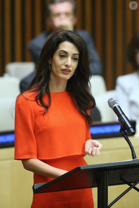 Amal Clooney lors d'un discours aux Nations Unies sur le thème de la justice et de la démocratie à New York le 28 septembre 2018. © Morgan Dessalles / Bestimage