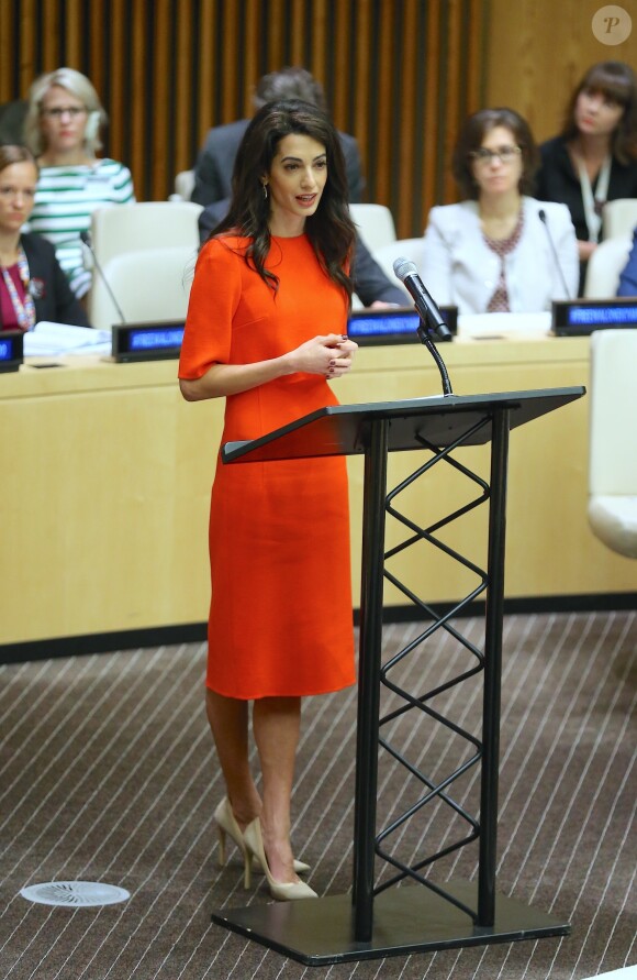 Amal Clooney lors d'un discours aux Nations Unies sur le thème de la justice et de la démocratie à New York le 28 septembre 2018. © Morgan Dessalles / Bestimage