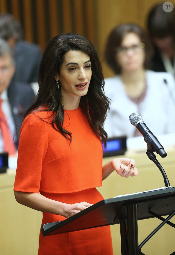 Amal Clooney lors d'un discours aux Nations Unies sur le thème de la justice et de la démocratie à New York le 28 septembre 2018. © Morgan Dessalles / Bestimage