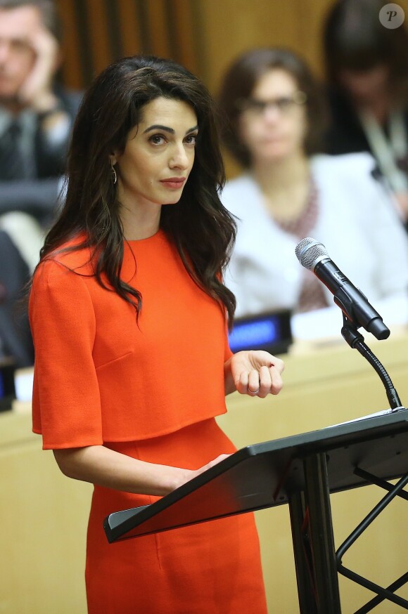 Amal Clooney lors d'un discours aux Nations Unies sur le thème de la justice et de la démocratie à New York le 28 septembre 2018. © Morgan Dessalles / Bestimage