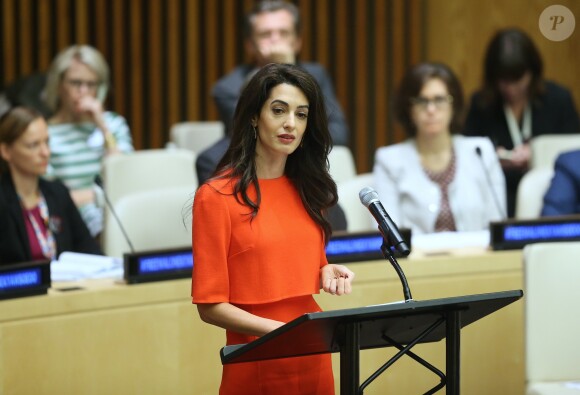 Amal Clooney lors d'un discours aux Nations Unies sur le thème de la justice et de la démocratie à New York le 28 septembre 2018. © Morgan Dessalles / Bestimage