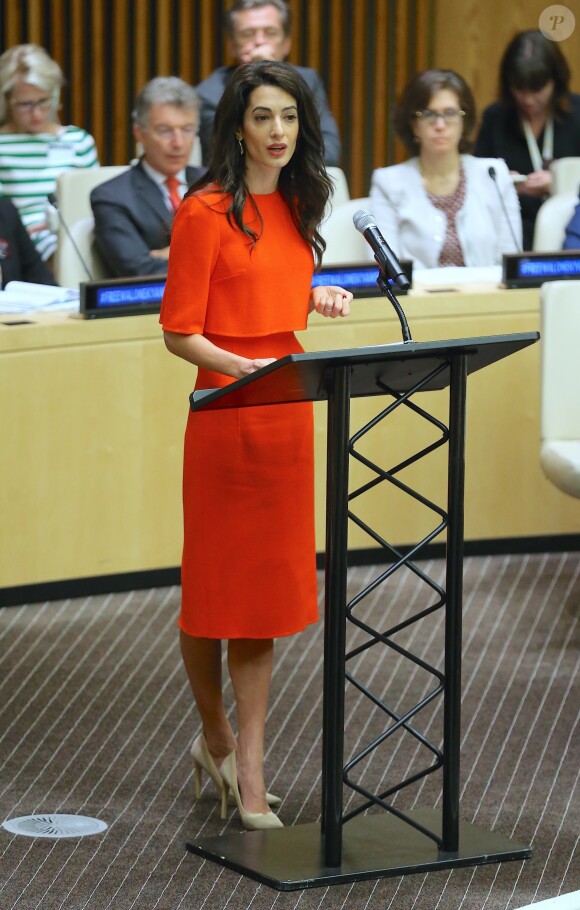 Amal Clooney lors d'un discours aux Nations Unies sur le thème de la justice et de la démocratie à New York le 28 septembre 2018. © Morgan Dessalles / Bestimage