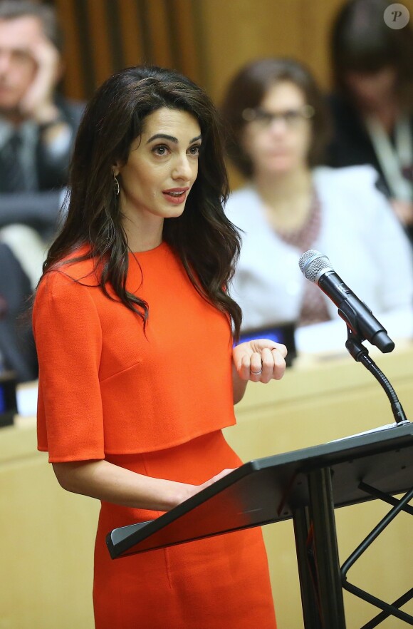 Amal Clooney lors d'un discours aux Nations Unies sur le thème de la justice et de la démocratie à New York le 28 septembre 2018. © Morgan Dessalles / Bestimage