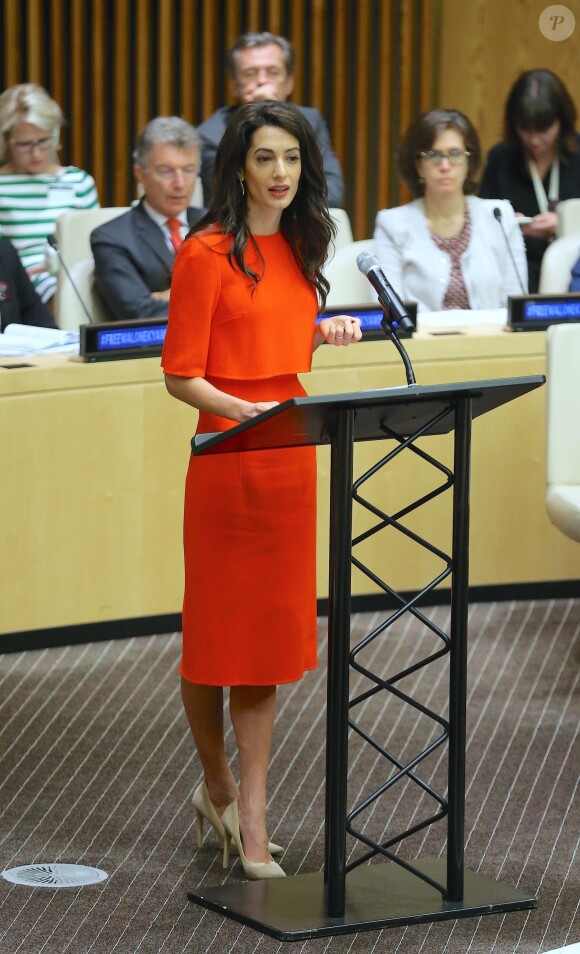 Amal Clooney lors d'un discours aux Nations Unies sur le thème de la justice et de la démocratie à New York le 28 septembre 2018. © Morgan Dessalles / Bestimage