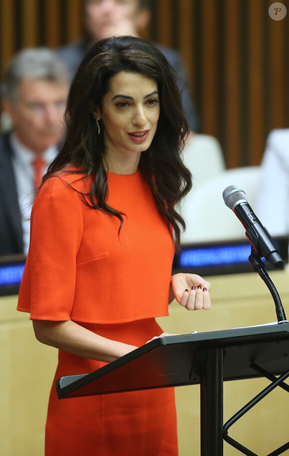 Amal Clooney lors d'un discours aux Nations Unies sur le thème de la justice et de la démocratie à New York le 28 septembre 2018. © Morgan Dessalles / Bestimage
