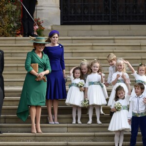 Sarah Ferguson, la princesse Beatrice d'York, le prince Andrew, duc d'York, Thomas Brooksbank, le prince George, la princesse Charlotte, Theodora Williams, la fille de Robbie Williams - Sorties après la cérémonie de mariage de la princesse Eugenie d'York et Jack Brooksbank en la chapelle Saint-George au château de Windsor le 12 octobre 2018.