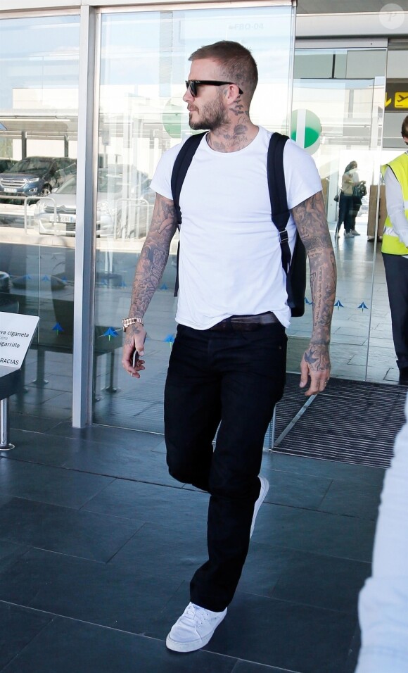David Beckham arrive à l'aéroport de Barcelone le 4 octobre 2018.