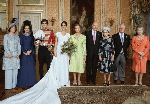 La reine Sofia, Matilde Solis, duchesse de Huescar, Carlos Fitz-James Stuart, duc d'Albe - Mariage de Fernando Fitz-James Stuart, duc de Huéscar et Sofía Palazuelo au palais de Liria à Madrid le 6 octobre 2018.