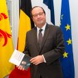 L'ancien président français François Hollande lors d'une visite en Belgique, à Mons, rencontre le bourgmestre ( Maire ) sortant de Mons Elio Di Rupo, lors d'une dédicace de son livre " Les leçons du pouvoir " et d'un déjeuner conférence à Mons, Belgique, le 30 octobre 2018.