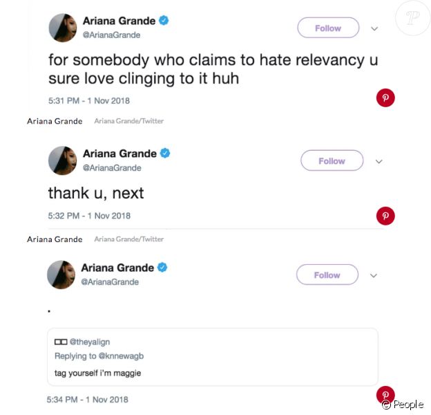 Les tweets d'Ariana Grande du 2 novembre 2018. Supprimés depuis.