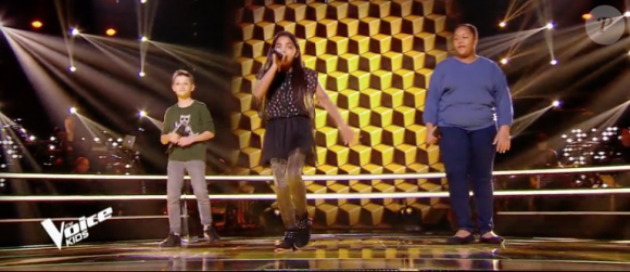 Mélia, Mano et Rosie dans "The Voice Kids 5" sur TF1, le 16 novembre 2018.